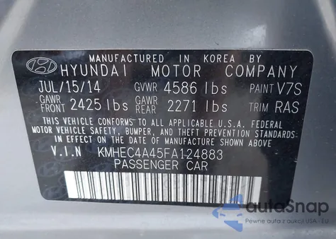 2015 Hyundai Sonata Hybrid z USA, uszkodzony, nr VIN KMHEC4A45FA124883